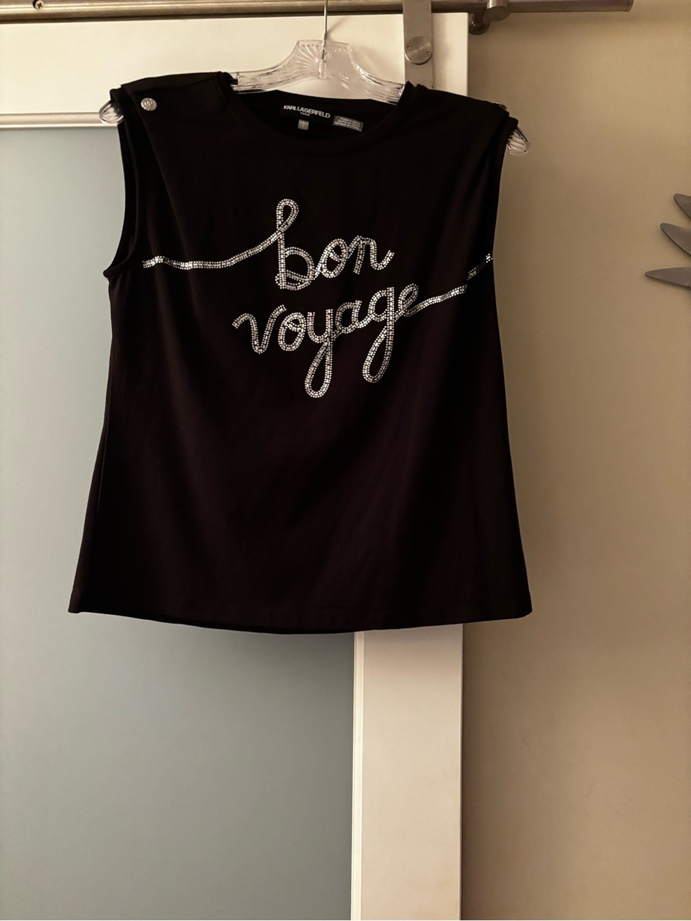 Karl Lagerfeld Black Sleeveless Tank with Silver 'Bon Voyage' Rhinestone Script
